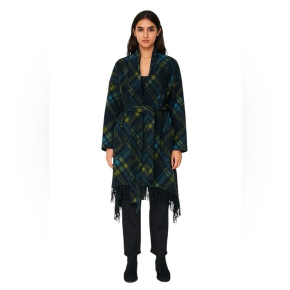 Samuel Dong Wool Check Fringe Wrap Coat Shawl Pockets Tartan Poncho Oversized L